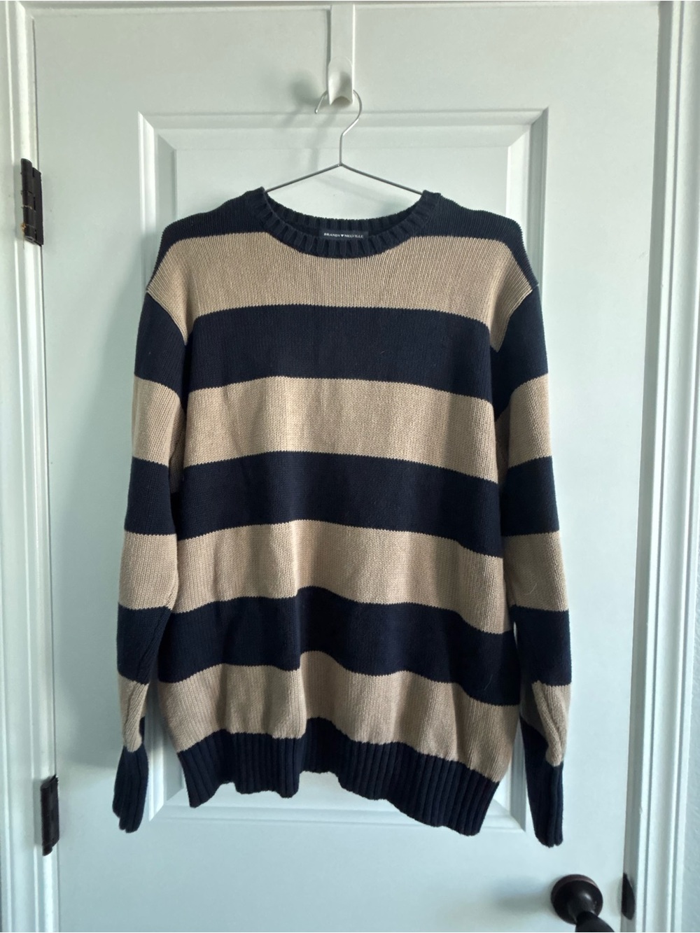 Brandy Melville Navy and Beige Wide-Stripe Crewneck Sweater